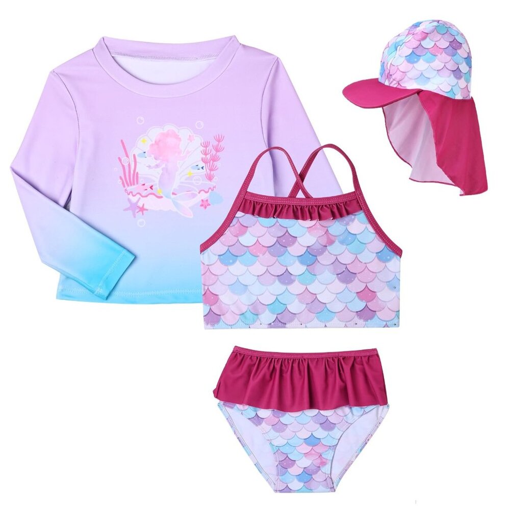 Toddler 3T Girls Mermaid Swim Set 4-Piece UPF 50+ Rash Guard Tankini Pink Purple